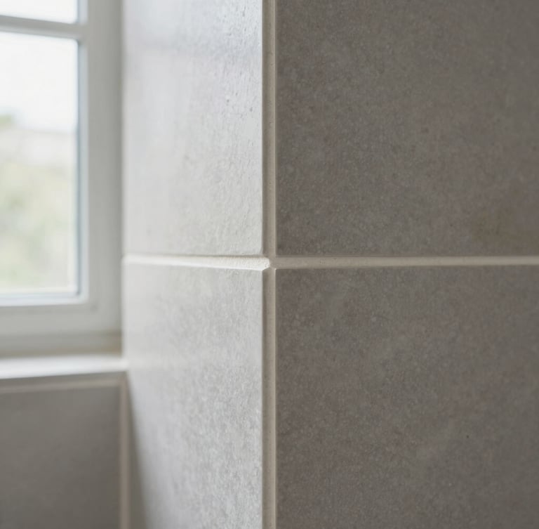 Macro detail shot of flawless mitred tiling joints on a neutral grey porcelain wall, clean grout lines, bright natural daylight, sharp focus.