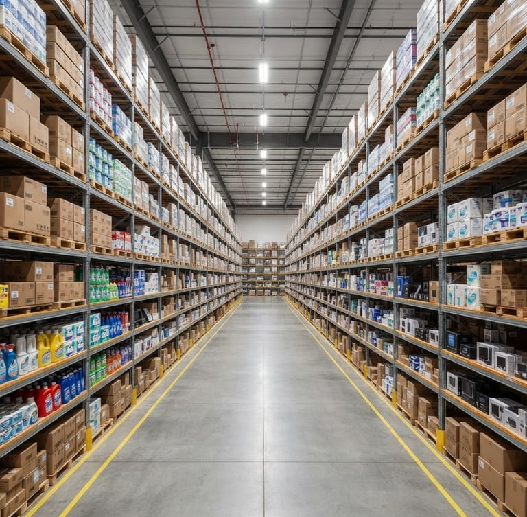 Wide shot of a modern, organized warehouse with high shelves stacked neatly with various packaged household goods, bright commercial lighting, clean aisles, no people visible, professional logistics aesthetic.