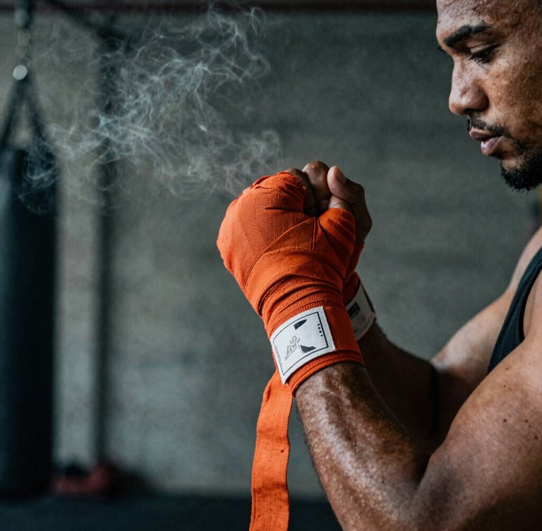 Dramatic side-lit close-up of a kickboxer wrapping their hands with orange handwraps in a raw, dark concrete gym, atmospheric smoke, 35mm photography