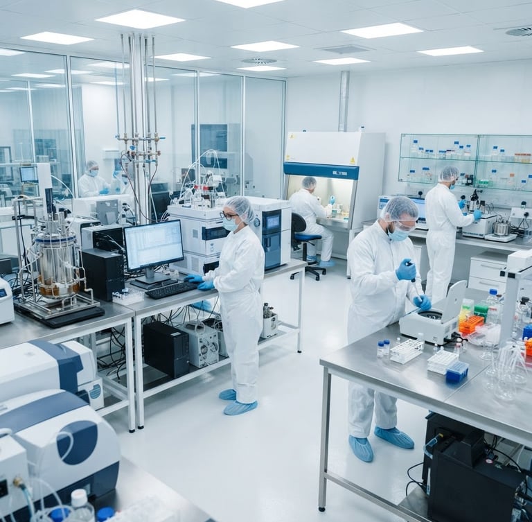 Wide shot of a sterile pharmaceutical laboratory with scientists in cleanroom suits operating high-precision analytical equipment, bright clinical lighting, blue and white tones.