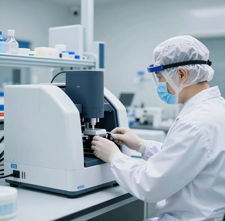 A scientist in a white lab coat and protective gear operating a high-precision liquid chromatography machine in a sterile modern laboratory, bright daylight, 35mm