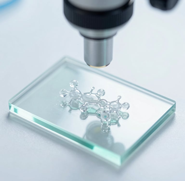 Close-up macro shot of a crystalline molecular structure on a glass slide under a microscope, sterile lab environment, high-key lighting, sharp focus, 35mm.