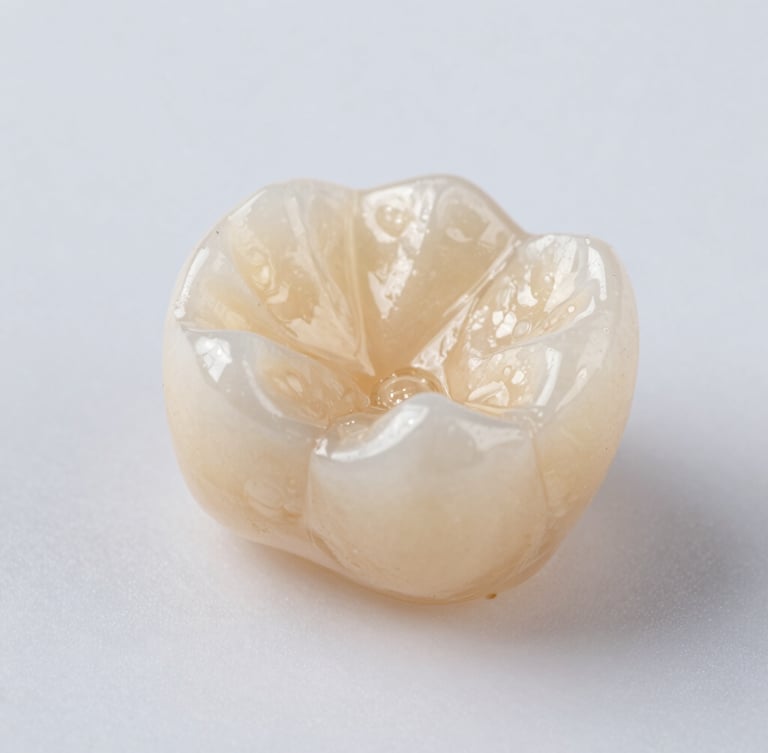 Extreme macro studio photography of a translucent zirconia dental crown, warm side lighting highlighting the hand-finished ceramic texture and precise margins, clean slate background.
