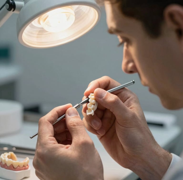 Side profile of a master dental technician hand-painting a ceramic prosthetic under a warm workspace lamp, focused expression, precise movement