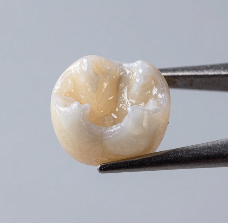 Macro product photography of a translucent zirconia crown held by dental tweezers, warm studio lighting highlighting the precise ceramic margins, clinical depth of field