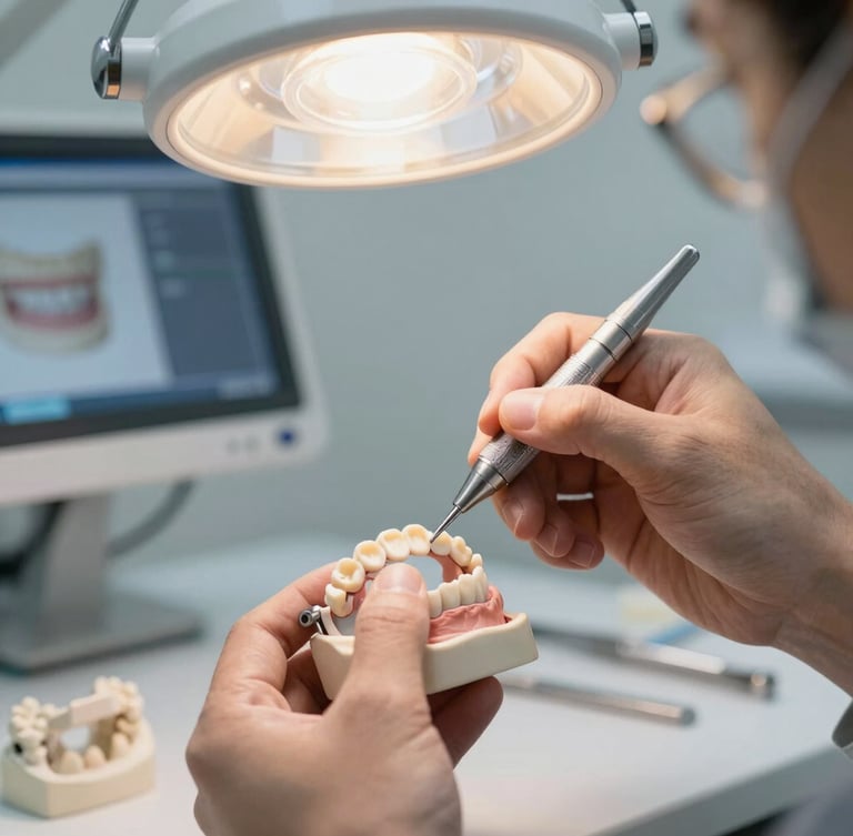 A master dental technician hand-painting a ceramic bridge under a warm task light, precision tools and digital screens visible in the soft-focus clinical background.