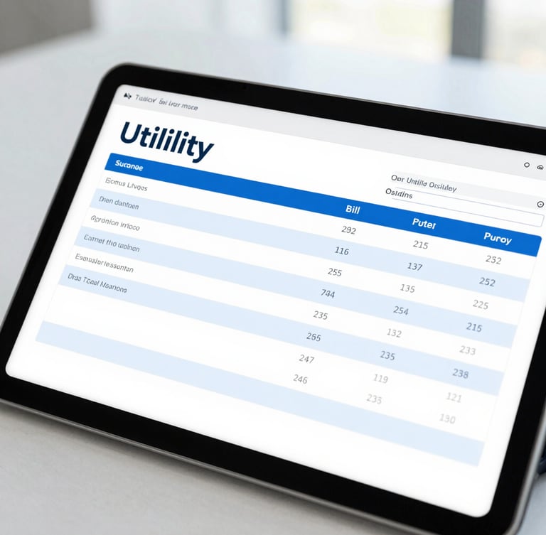 A close-up of clean digital interfaces showing a utility bill schedule on a tablet, bright natural office lighting, professional editorial style.