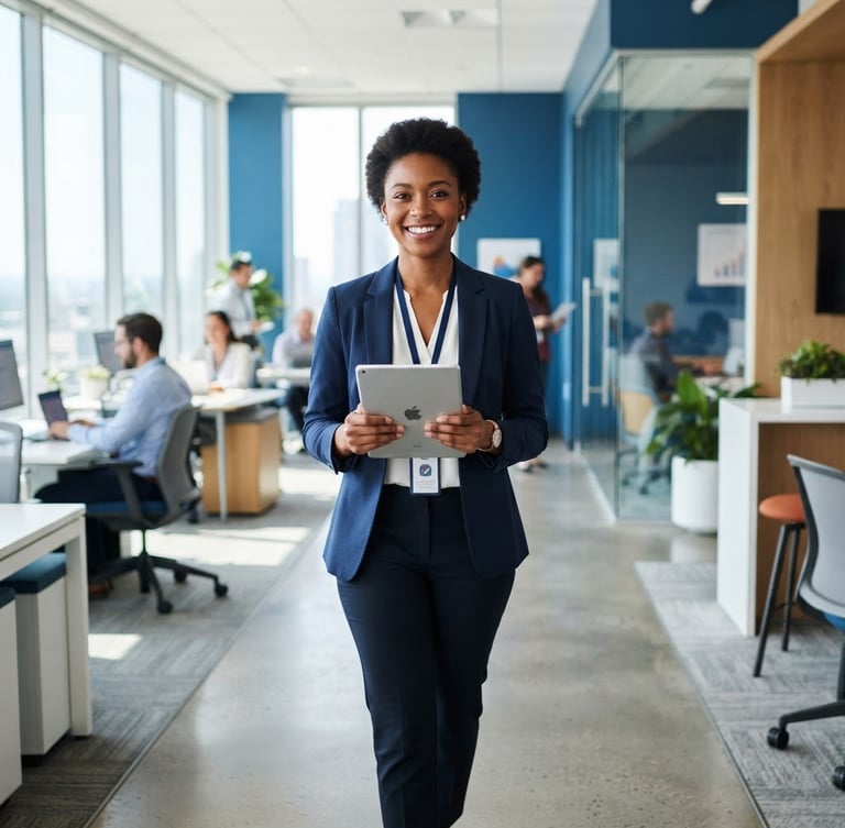 Approach of a friendly customer service professional holding a tablet in a bright, modern office with natural daylight, clean blue accent walls.