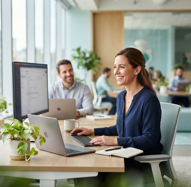 Approachability focused support representative in a bright office environment, natural daylight, soft blue and green tones, sharp focus, professional editorial.