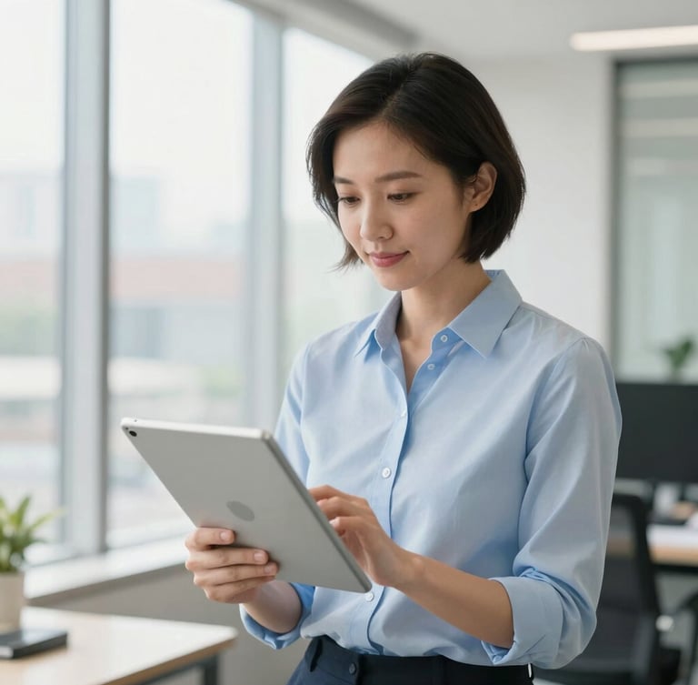 A professional female advisor in a bright Spartanburg office environment, looking at a tablet, soft natural daylight, professional editorial style.