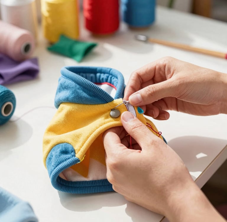 Close-up of hands sewing a small colorful pet hoodie in a bright, sun-drenched workshop, fabrics and threads visible in the background, warm daylight, 35mm