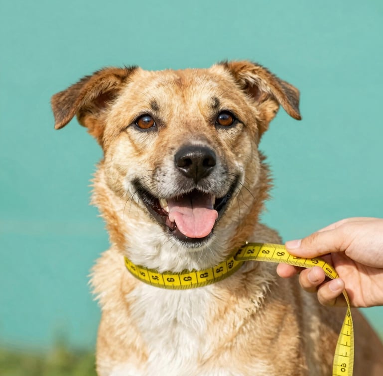 Bright cheerful pet photography, close-up of a happy mixed-breed dog being gently measured with a yellow tape measure, soft warm daylight, vibrant teal background, shallow depth of field