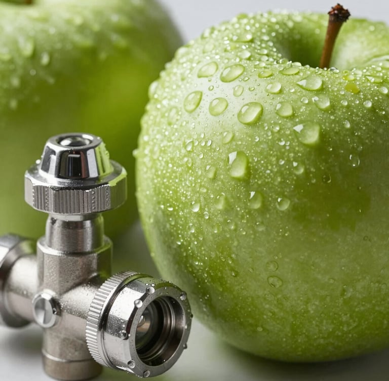 Macro close-up of pristine dew-kissed green apples next to a polished stainless steel gas control valve, clinical bright daylight, sharp focus on fruit texture.