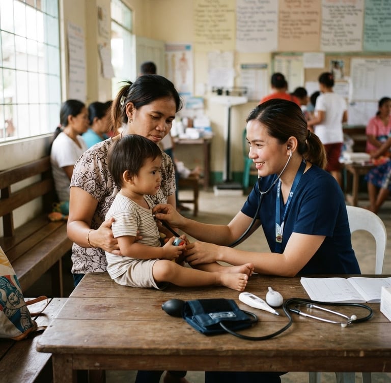 A warm, daylight-filled community clinic in the Philippines. A local nurse in clean scrubs is gently checking a child's vitals on a wooden table, mother watching with a calm expression. Authentic, 35mm documentary style.