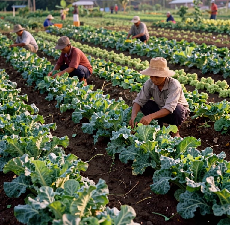 A wide shot of a community-owned organic vegetable farm in the Philippines, farmers working together under warm morning light, lush green rows of crops, documentary 35mm style.
