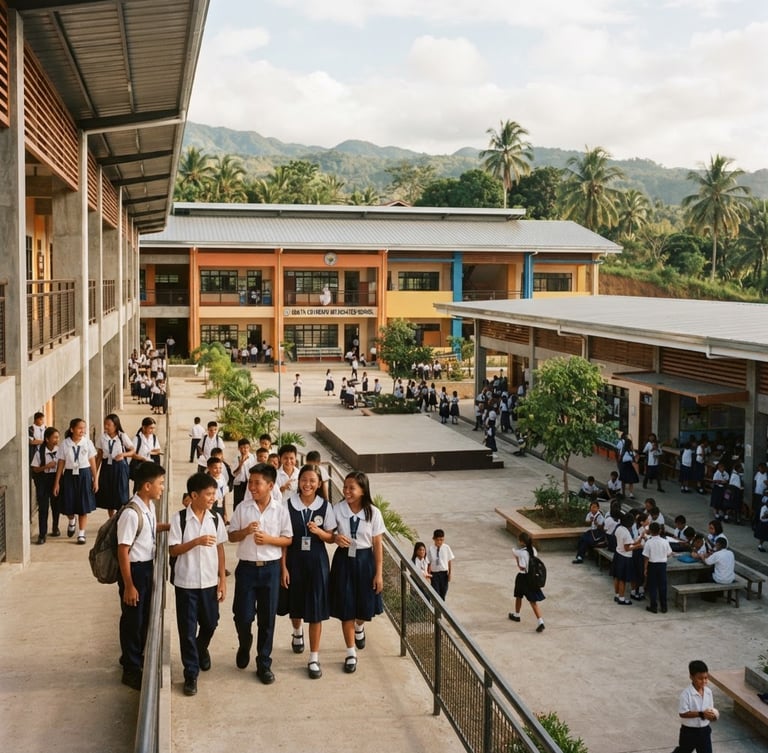 Wide environmental shot of a newly constructed regional school building in the Philippines, natural daylight, warm editorial photography, rich deep tones, 35mm