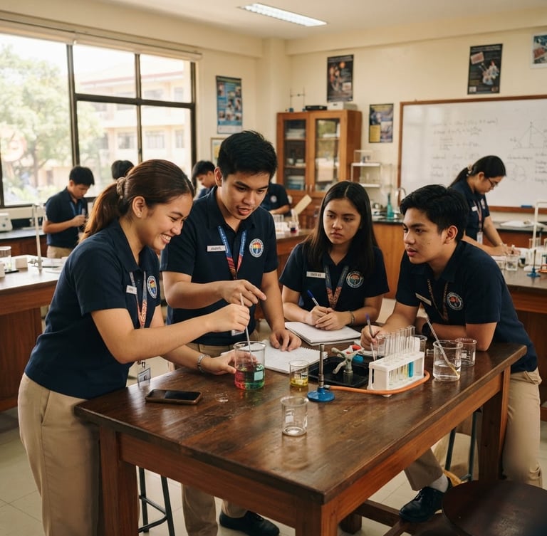 A wide-angle documentary shot of Filipino high school students collaborating in a naturally lit modern science classroom, warm ambient light, rich deep tones, 35mm.