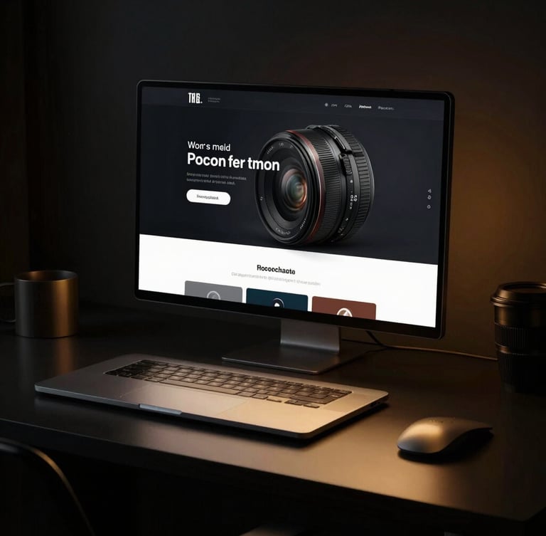 Sleek dark-mode desktop mockup of a professional website, warm golden lighting reflecting on a clean black desk, sharp focus, 35mm lens