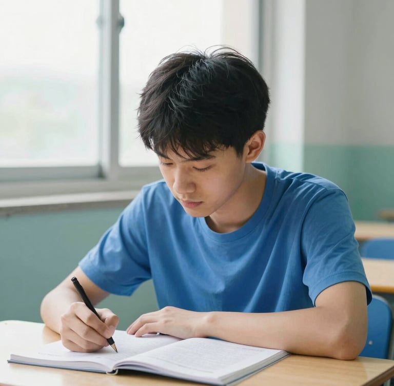 A bright editorial photograph of a student in deep study, natural window light, clean blue and teal tones, shallow depth of field