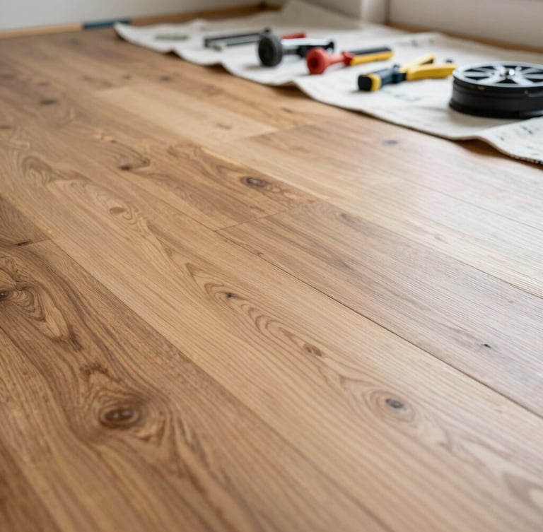 Low-angle close-up of a perfectly level hardwood floor installation in progress, bright natural light catching the wood grain, tools neatly organized on a protective canvas drop cloth in the background.