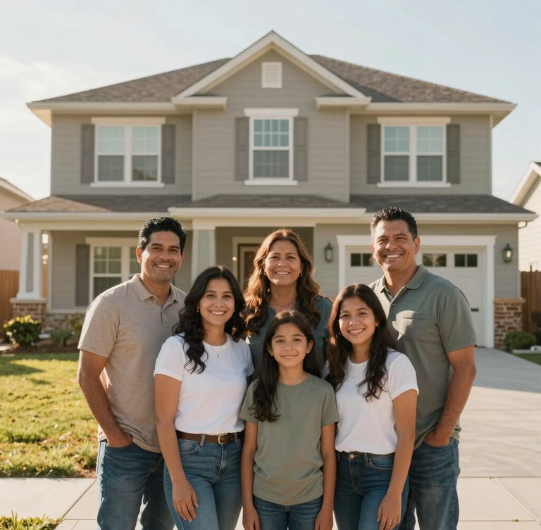 A warm, bright morning scene of a Hispanic family standing proudly in front of their new modest suburban home, smiling naturally.