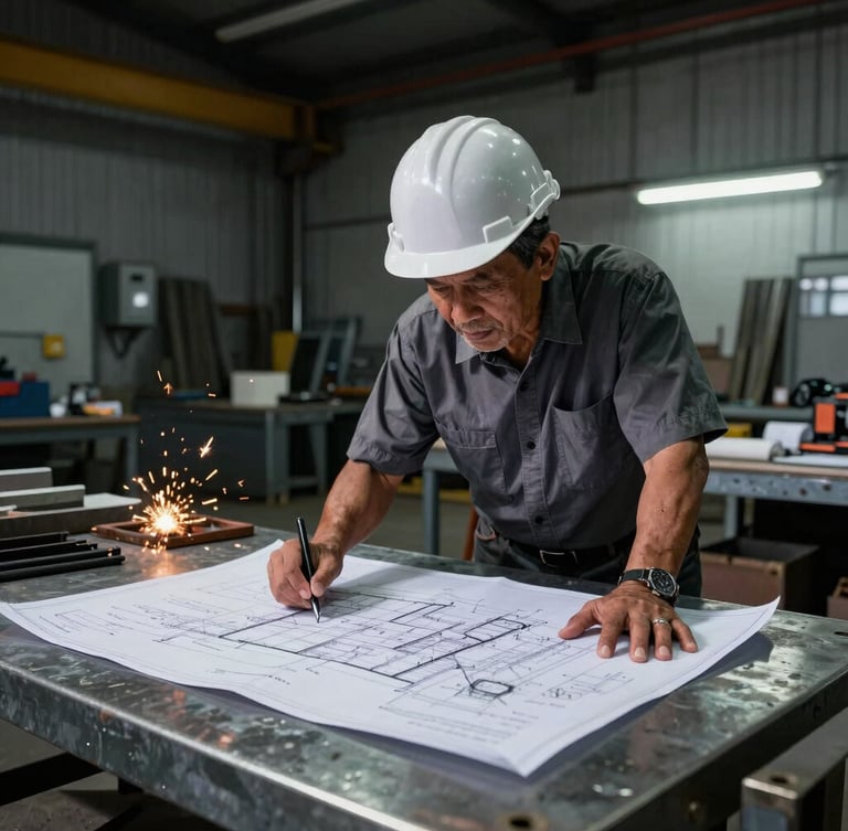 Environmental portrait of an Indonesian senior structural engineer examining technical blueprints on a steel workbench, dramatic workshop lighting, cool industrial tones.