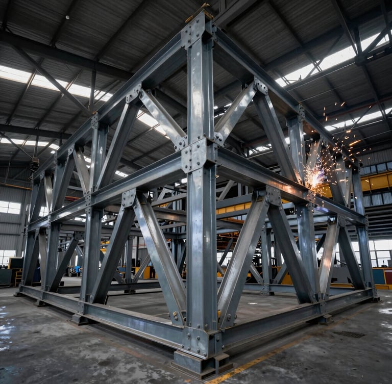 Wide-angle dramatic industrial photography of heavy steel trusses inside a massive fabrication workshop, cool steel tones with warm spark accents from welding in the background.