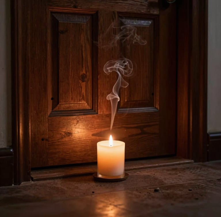 Low-key warm candlelit glow illuminating a heavy wooden entrance door, sandalwood incense smoke drifting softly, rich dark earth tones, shallow depth of field