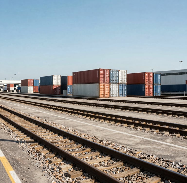 Wide environmental shot of an intermodal rail terminal, clean steel tracks, stacked shipping containers under crisp midday sun, high-contrast industrial lighting.