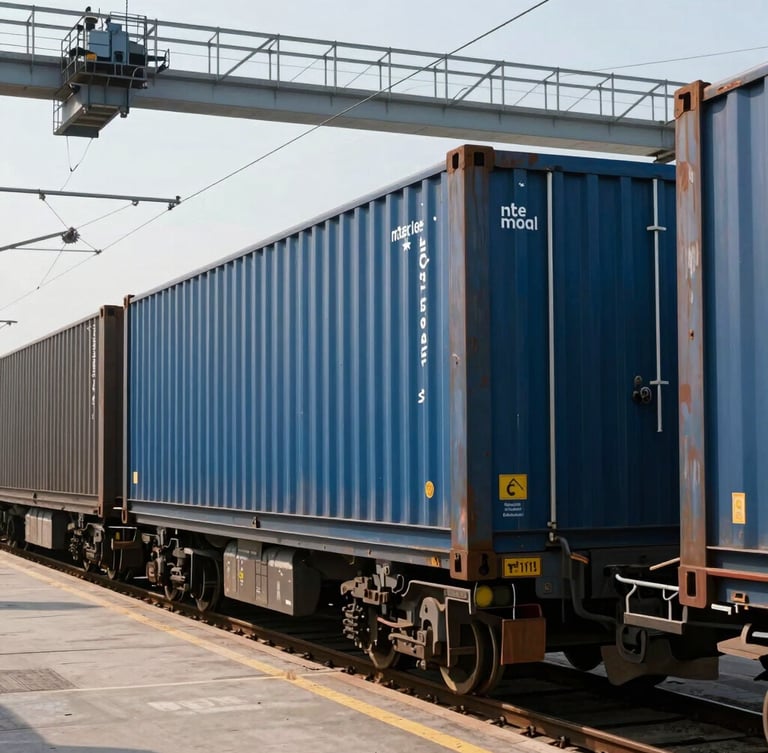 Intermodal rail terminal with stacked double-stack container cars, overhead gantry crane, crisp midday light, industrial steel-blue color tone.