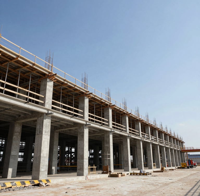 Wide environmental shot of an industrial manufacturing facility under construction, concrete pillars and steel framing visible, high-contrast crisp midday sun, expansive sky, no people.