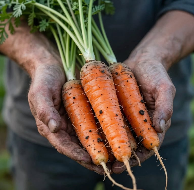 A close-up shot of weathered hands holding freshly harvested heirloom carrots with soil still attached, soft morning light, shallow depth of field, editorial style