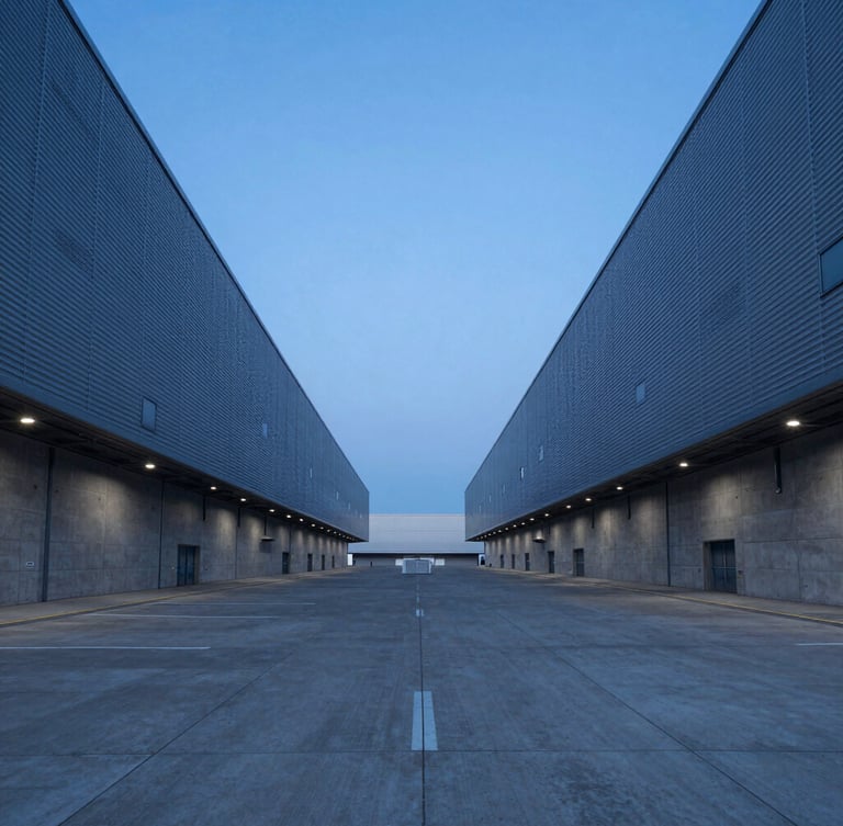 Symmetrical exterior shot of a massive modern logistics park at twilight, sharp steel lines, cold concrete panels, dramatic architectural blue lighting, expansive negative space.