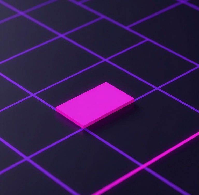 Sleek close-up of a high-fidelity dark mode UI mockup with electric violet grid lines and neon magenta active states, crisp isometric angle