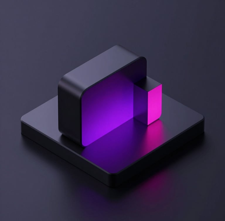 Sleek 3D render of abstract geometric shapes with vibrant neon purple and deep magenta backlights, dark mode aesthetic, isometric perspective, high-fidelity digital textures