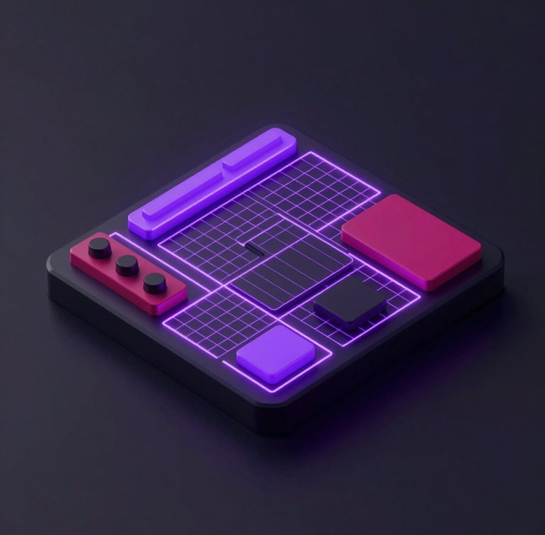 Crisp isometric 3D render of a modular user interface system, glowing electric violet grid lines, deep magenta accents, dark studio lighting, octane render.