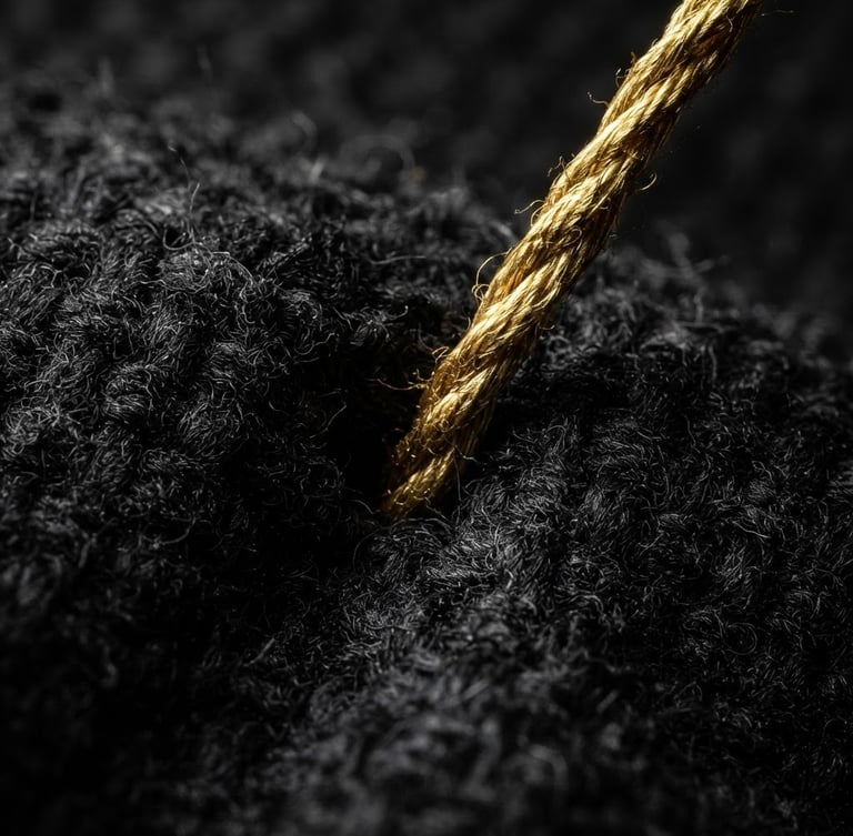 Extreme macro close-up of thick golden embroidery thread piercing heavy black canvas, high-contrast directional studio lighting, deep shadows, 85mm lens
