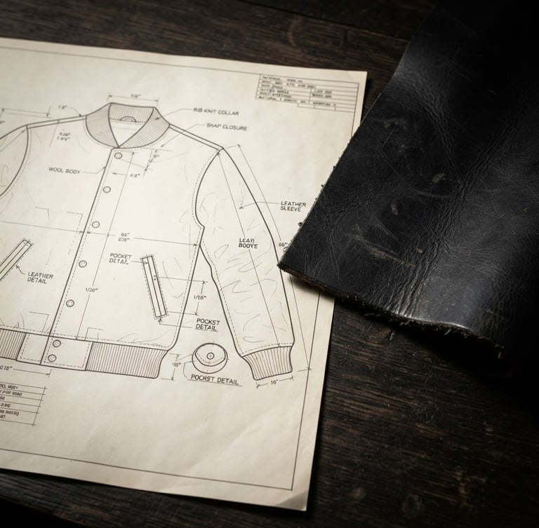 Crisp premium product photography of a technical drawing of a varsity jacket next to a heavy black leather sample, high-contrast directional studio lighting, deep shadows, macro texture detail, 85mm lens