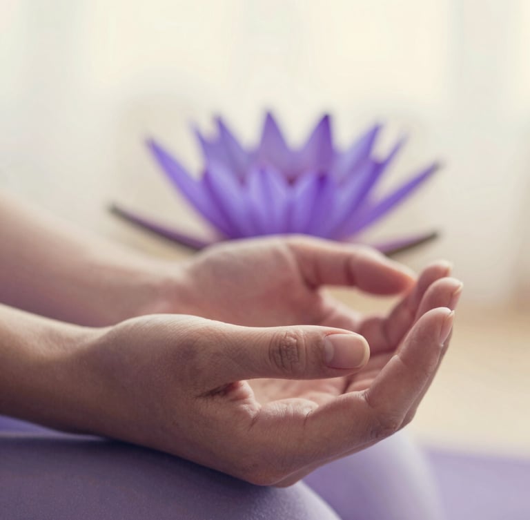 Close-up of hands in a gentle mudra, soft diffused light, lavender tones, shallow depth of field, a single lotus flower in the background, portrait aspect.