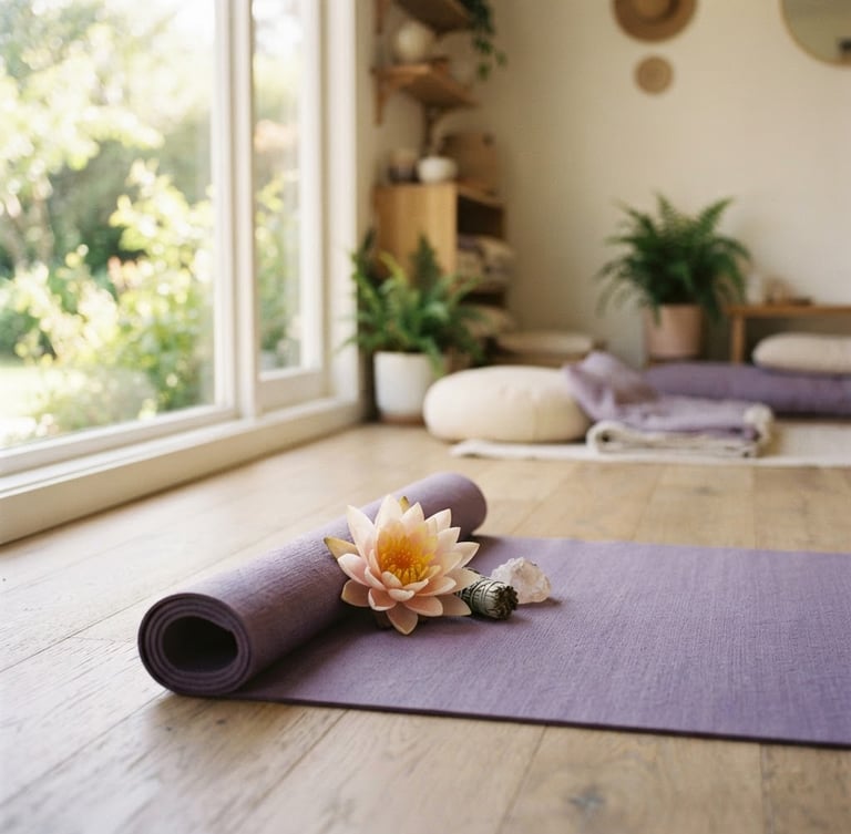 A serene yoga studio interior with soft diffused window light, a single mat, and a lotus flower in the foreground, deep lavender and cream tones, shallow depth of field, warm editorial photography.