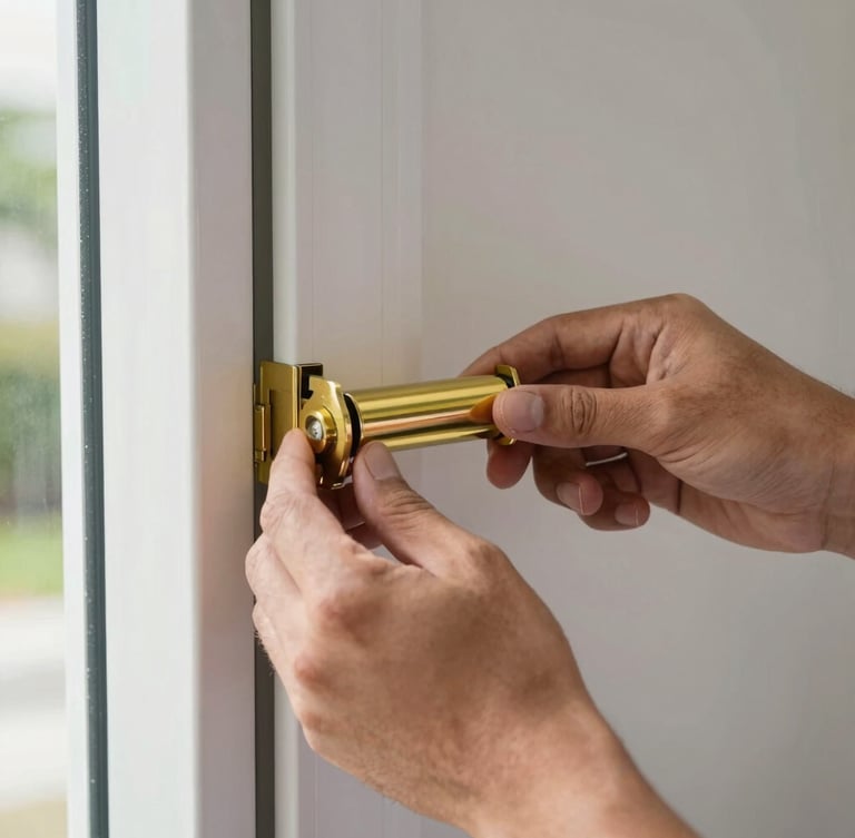 Close-up of a technician's hands installing a brand-new brass roller into a clean sliding door frame, bright Florida daylight, sharp focus on hardware