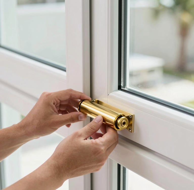 Close-up of hands installing a shiny new brass roller assembly into the bottom of a heavy sliding glass door, bright Florida daylight