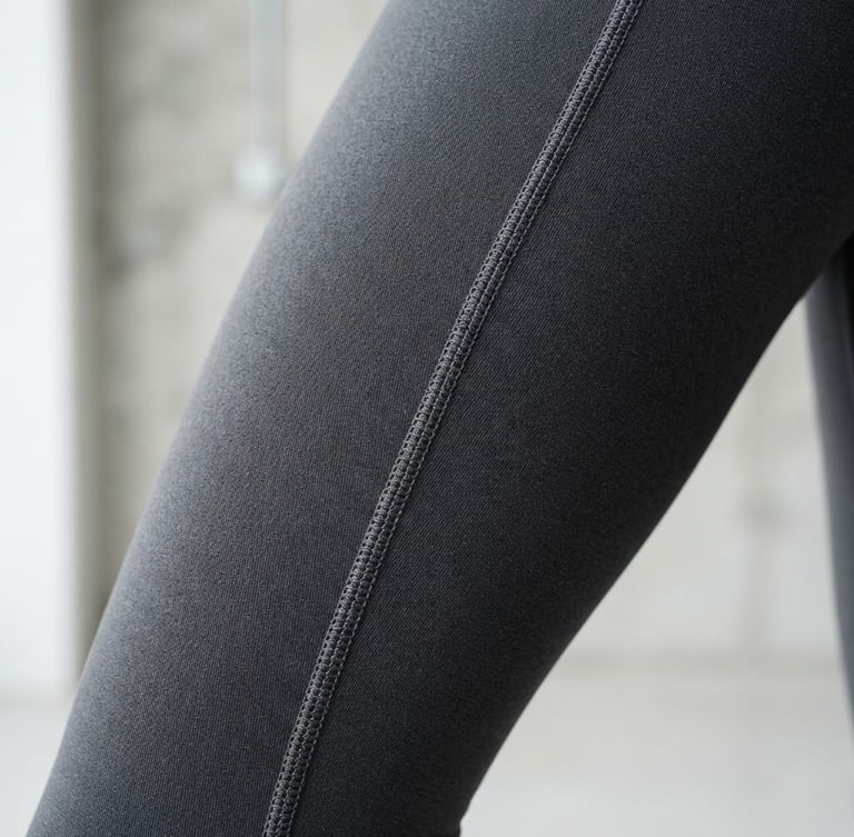 Bright studio macro shot of model wearing charcoal grey technical leggings, focusing on the flatlock stitching detail and dense 4-way stretch fabric texture, crisp high-contrast lighting.