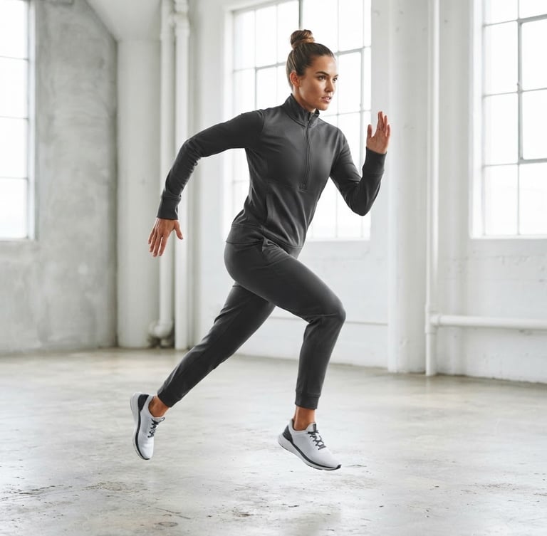 Bright editorial apparel photography, a model wearing a high-performance charcoal tracksuit in a clean, minimalist studio setting, bright high-key lighting, 35mm medium format