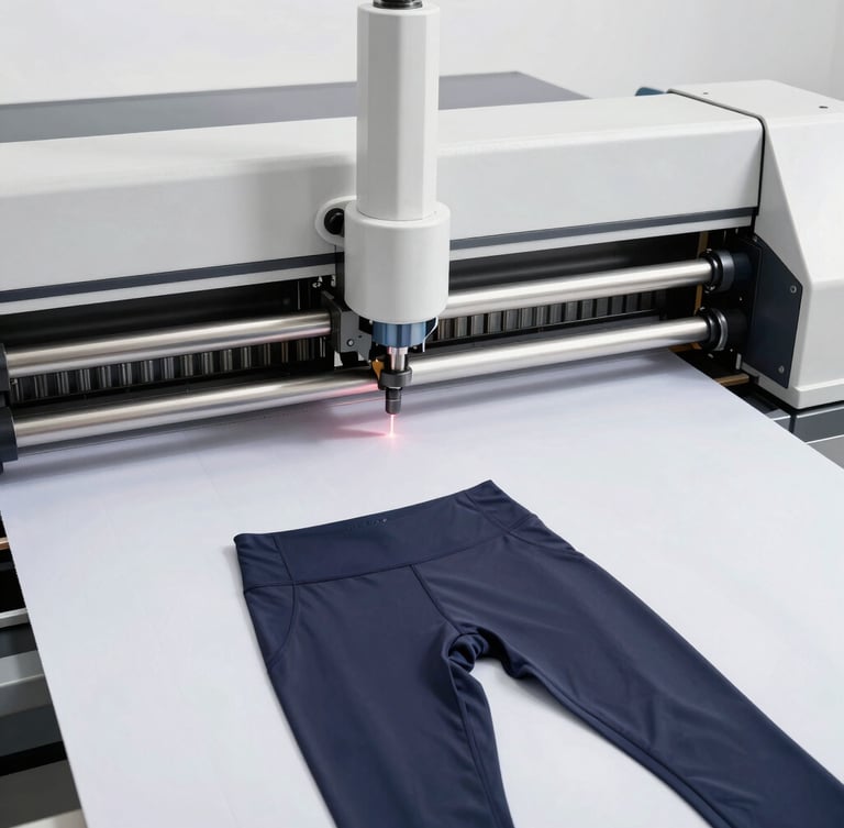 Close-up of modern computerized CAD fabric cutting machine slicing through high-performance activewear material with laser precision, bright studio lighting.