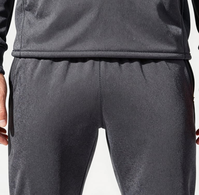 Close-up of reinforced flatlock stitching on a charcoal performance tracksuit, bright daylight, high-contrast crisp tones