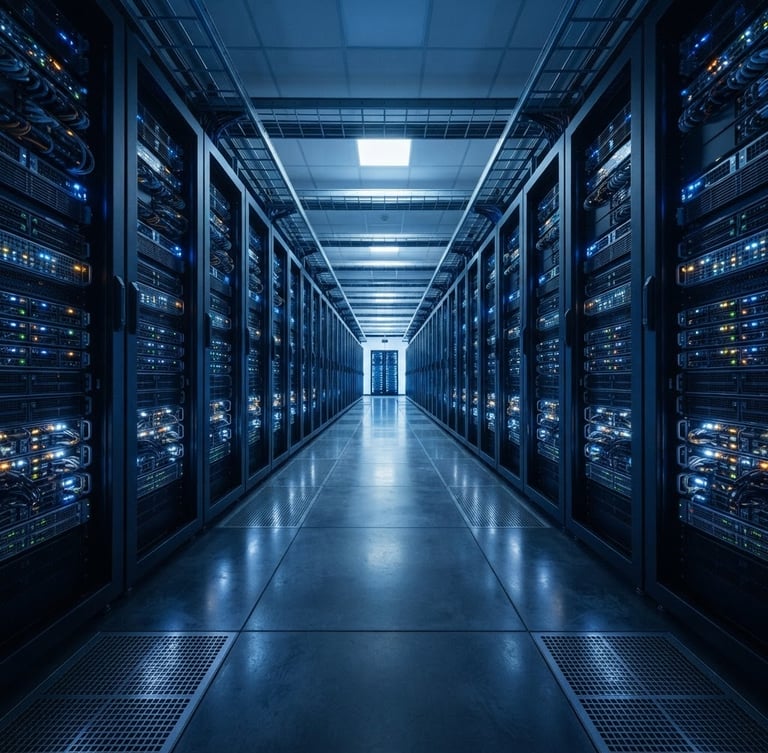 Wide-angle architectural photograph of a modern data center aisle with glowing server racks, cool blue lighting, sharp focus, geometric lines, low horizon.