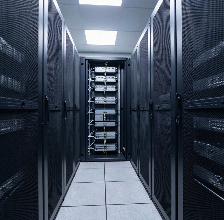 Wide-angle shot of a clean, modern data center aisle with structured cabling and server racks, cool daylight, deep navy and steel gray tones, sharp focus, architectural wide-angle lens, bleeding to the right edge.