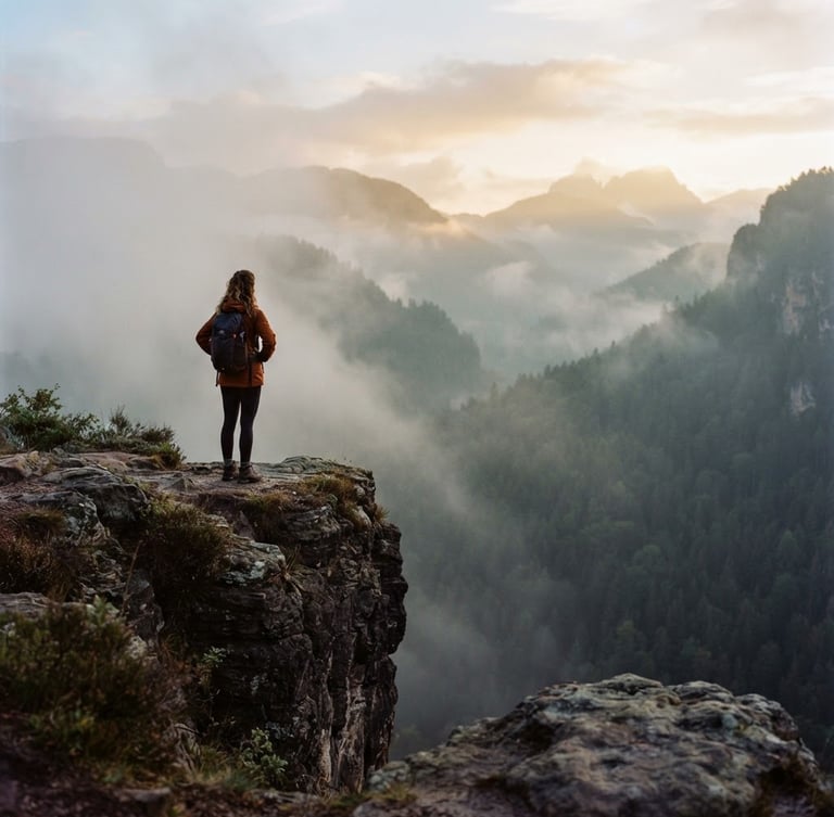 A solitary figure stands on a rugged stone cliff overlooking a misty forest at dawn, soft morning light, 35mm film texture.