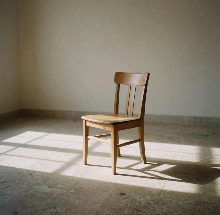 An empty sunlit room with a single wooden chair, soft shadows stretching across a stone floor, diffused morning light.